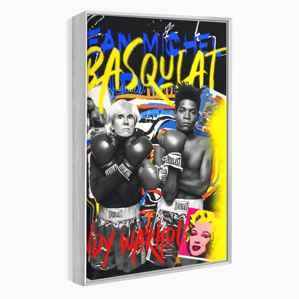 Tablou canvas cu tablou canvas cu andy warhol si basquiat, in rama de aluminiu argintiu